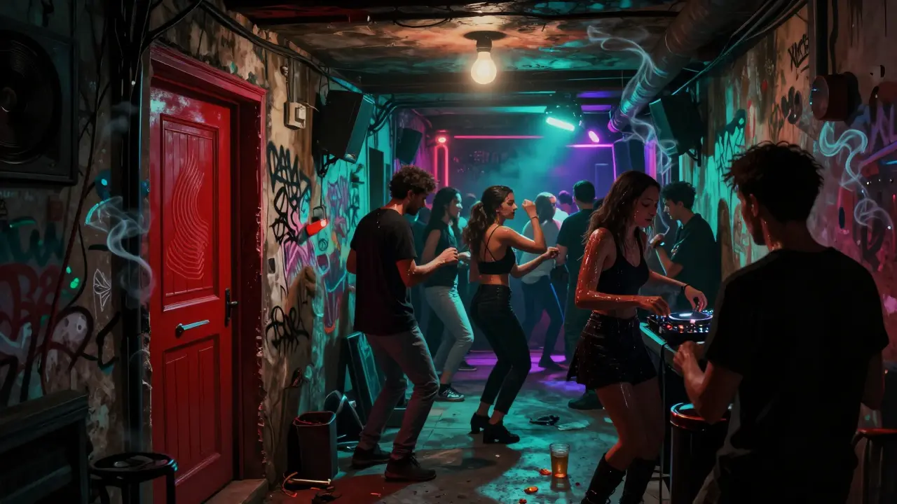 Underground club in Karaköy with red door, crowd dancing to electronic music blended with Turkish folk samples.