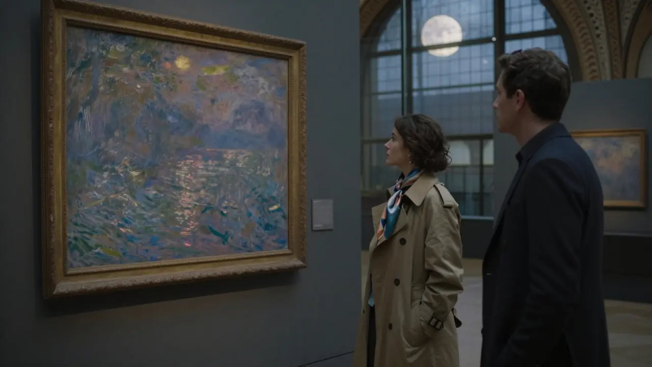 Woman and man viewing a Monet painting at Musée d'Orsay after hours, sharing silent cultural connection.