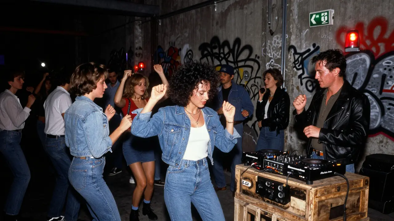 1990s warehouse party in Paris with strobe lights, dancing crowd, and graffiti walls.