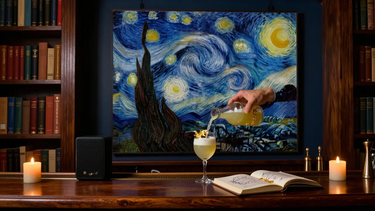 A bartender serves a golden cocktail in a hidden bookshelf bar beside a Van Gogh-inspired painting.