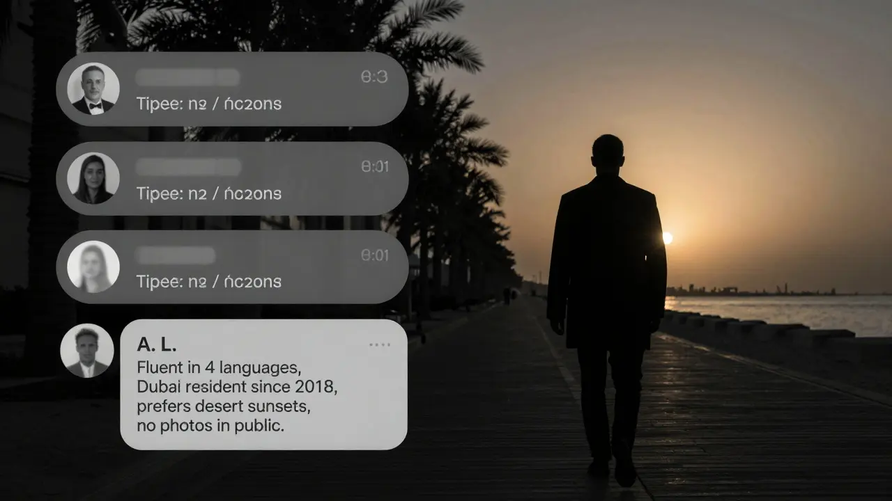 A blurred digital profile on encrypted messaging, figure walking alone at dawn on Palm Jumeirah.