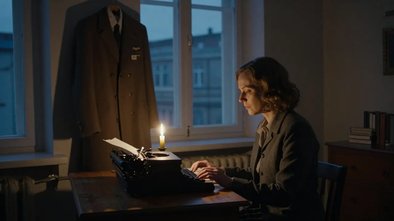 A Cold War-era East Berlin woman playing piano by candlelight, a diplomat's coat nearby, the Berlin Wall visible outside.