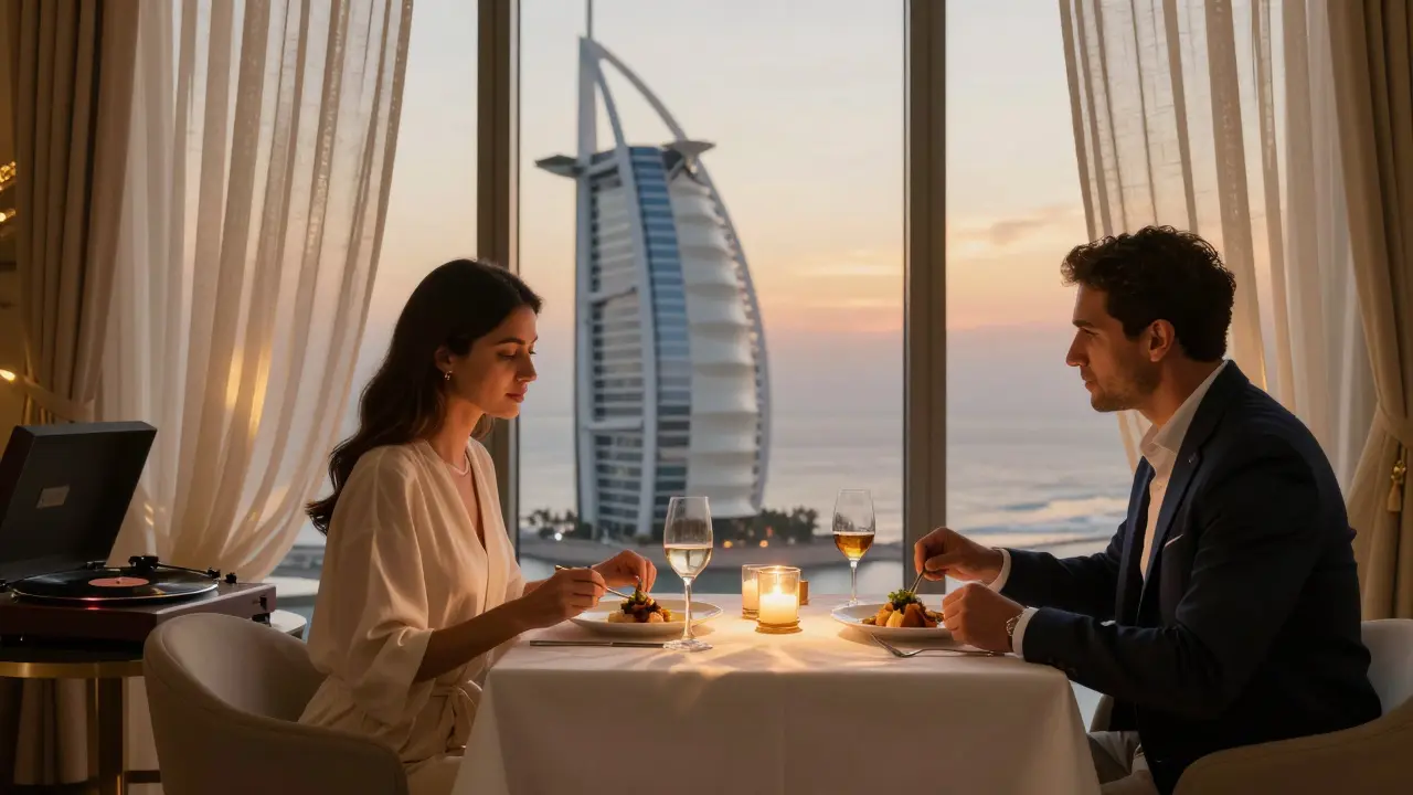 A couple dines in private at Burj Al Arab, sunset over the Gulf, vinyl record playing softly.