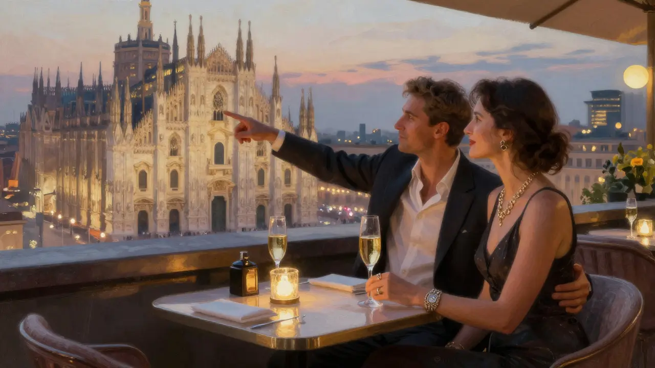 A couple enjoying champagne on a Milan rooftop at dusk, the Duomo visible in the background under soft city lights.