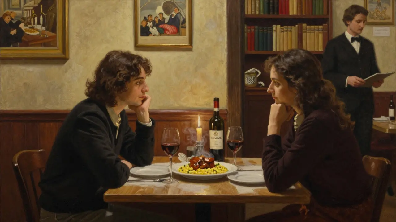 A couple enjoys dinner at a quiet Brera trattoria, candlelight illuminating ossobuco and risotto.