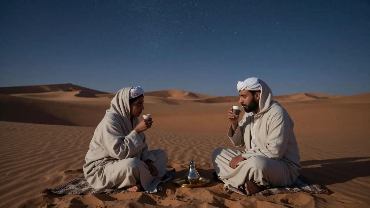 A couple sipping Arabic coffee under a starry desert sky at a private camp, surrounded by dunes and soft lantern light.