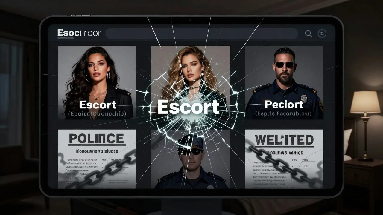 A digital ad fractures into police sirens and chains, symbolizing the hidden dangers of illegal escort services.