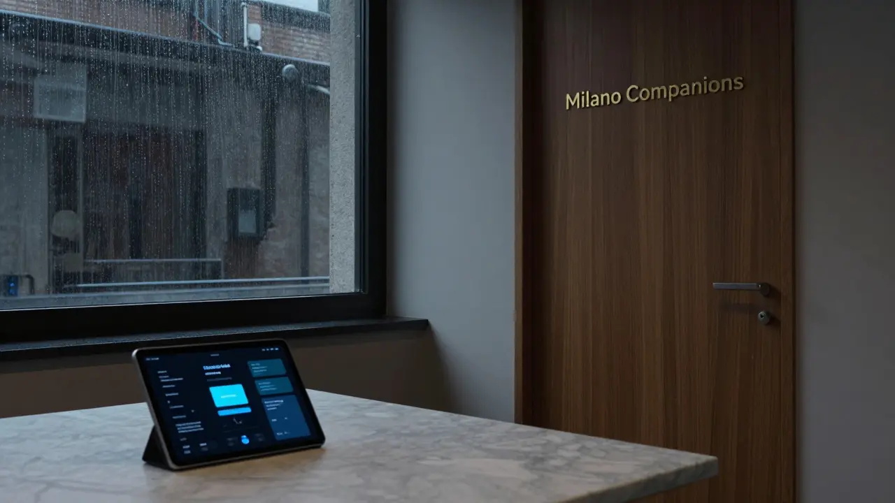 A discreet escort agency office in Milan with a secure tablet glowing on a marble desk, rain on the window.