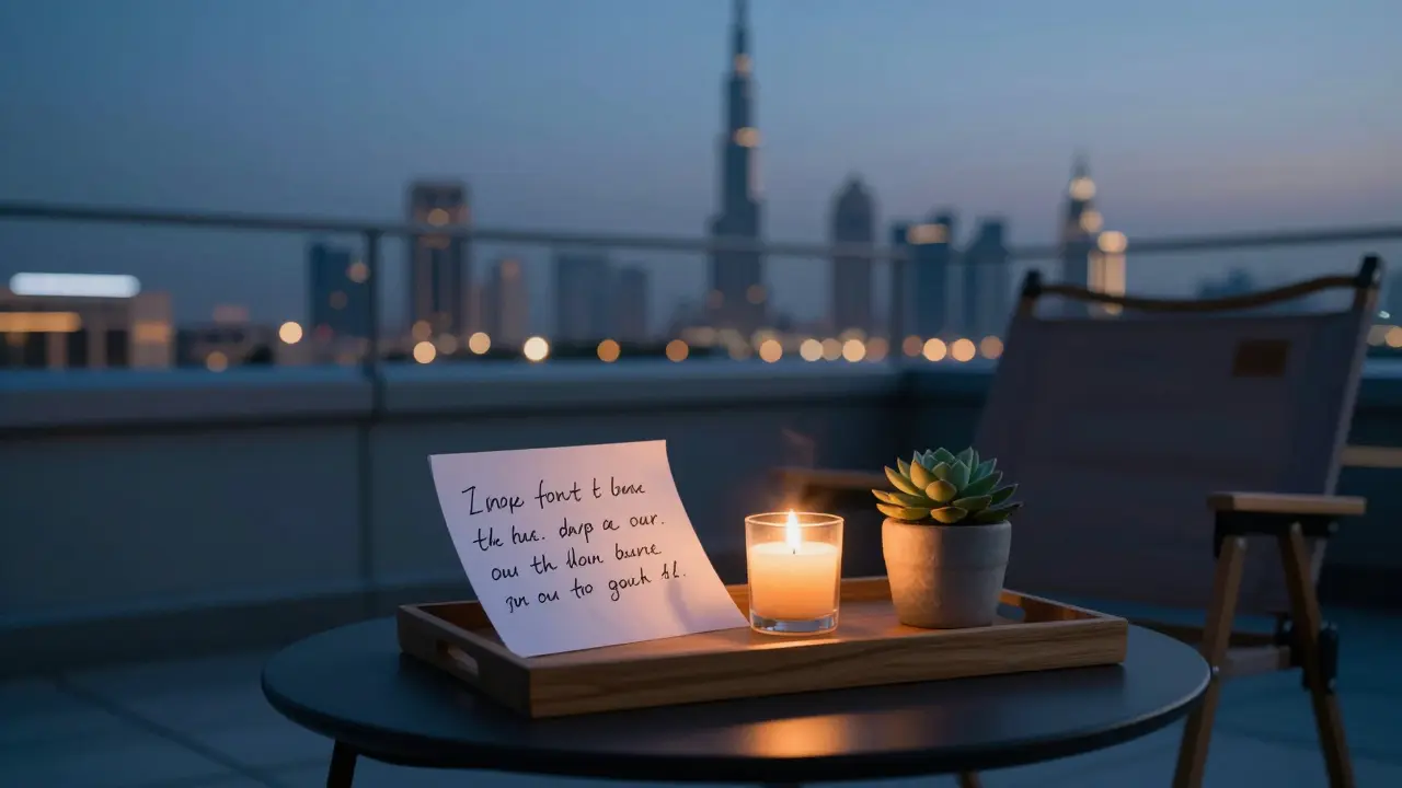A handwritten note and tea candle on a rooftop, symbolizing a meaningful human connection in Dubai.