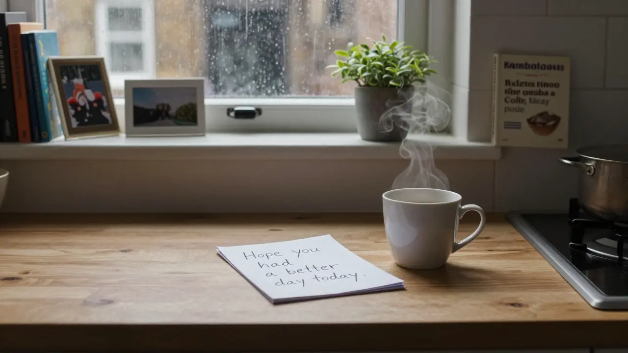 A handwritten note on a kitchen counter with a steaming coffee cup, conveying quiet care.