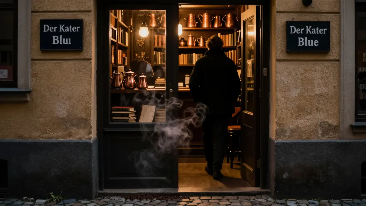 A hidden bar entrance in Prenzlauer Berg glows warmly at night, with steam and books hinting at a quiet, intimate atmosphere inside.