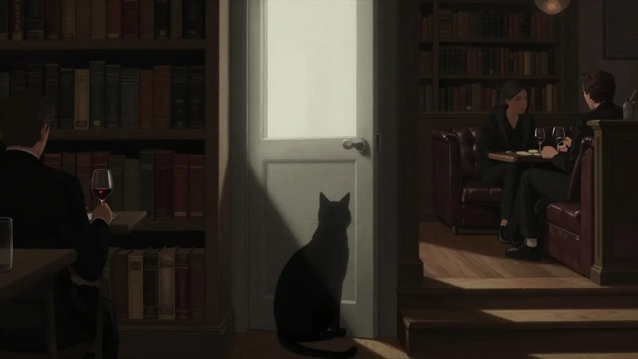 A hidden door in Brera with a black cat painting, glowing stairs leading to an intimate underground bar.