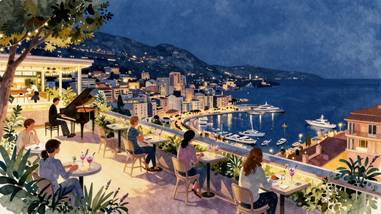 A hidden rooftop garden at night with a jazz pianist, harbor lights, and guests enjoying cocktails under string lights.