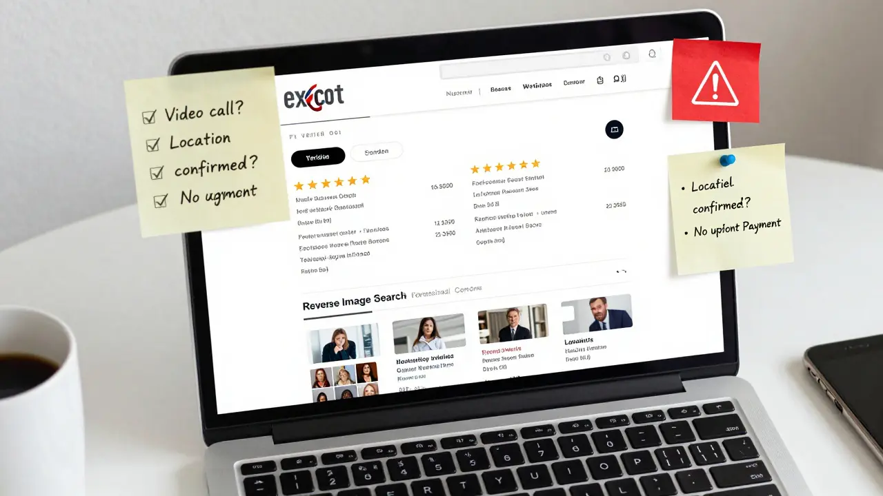 A laptop screen showing an escort agency website with verified reviews and red flag warnings.