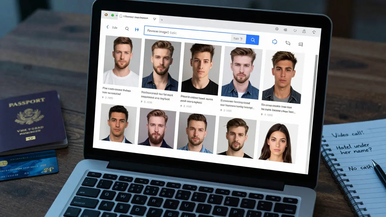 A laptop screen showing duplicate escort profile photos with a reverse image search tool active.