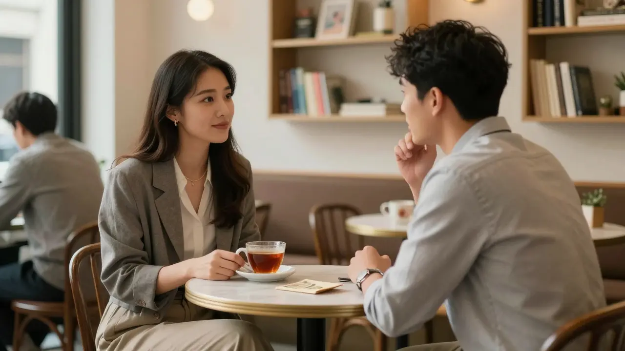 A man and woman having a calm, respectful conversation in a Soho café, with cash and tea on the table.