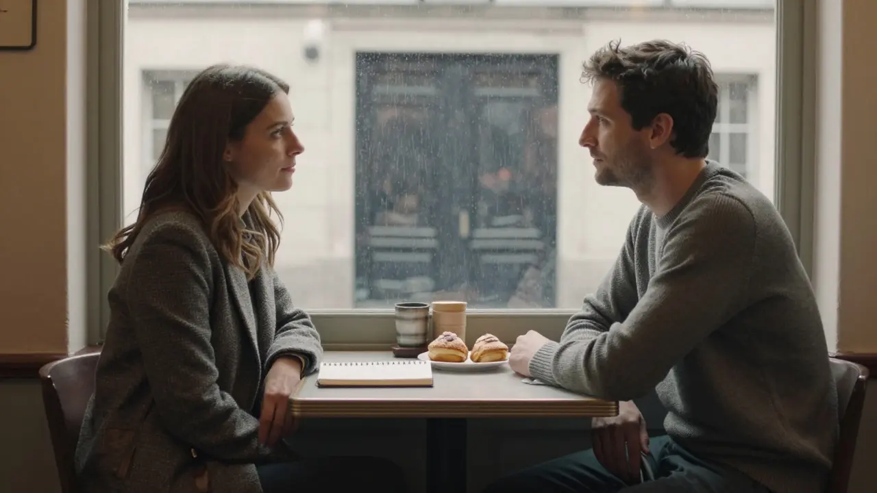 A man and woman having a quiet, respectful coffee in Montmartre, rain on the window, no physical contact.