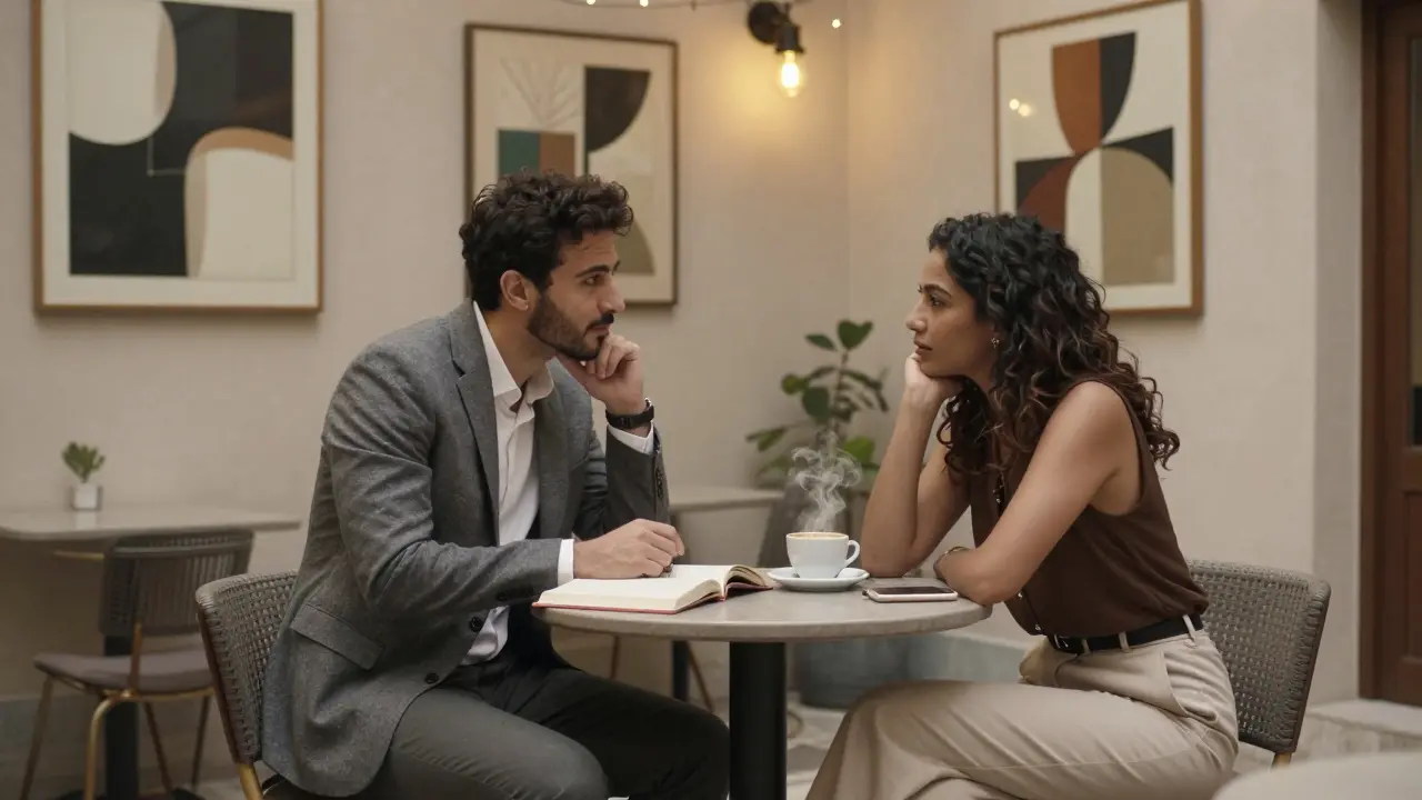 A man and woman having a thoughtful conversation in a quiet arts district café in Dubai.