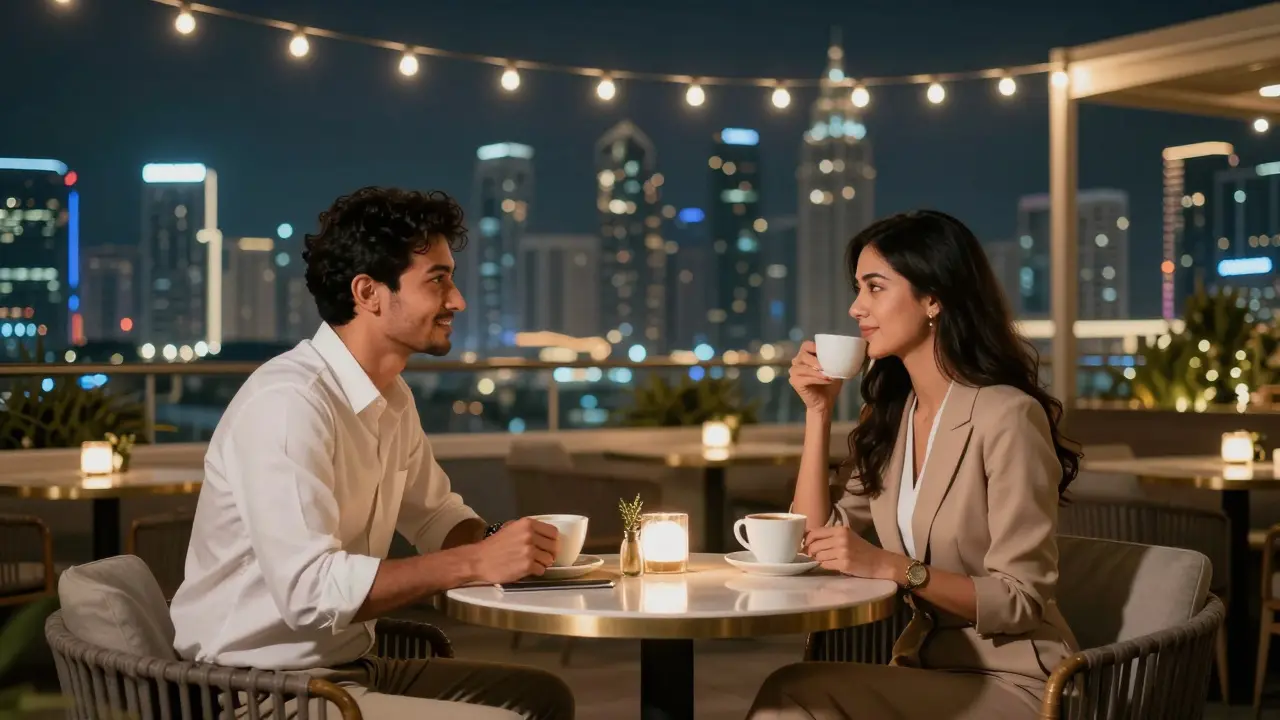 A man and woman having coffee on a Dubai rooftop lounge at night, sharing respectful conversation.
