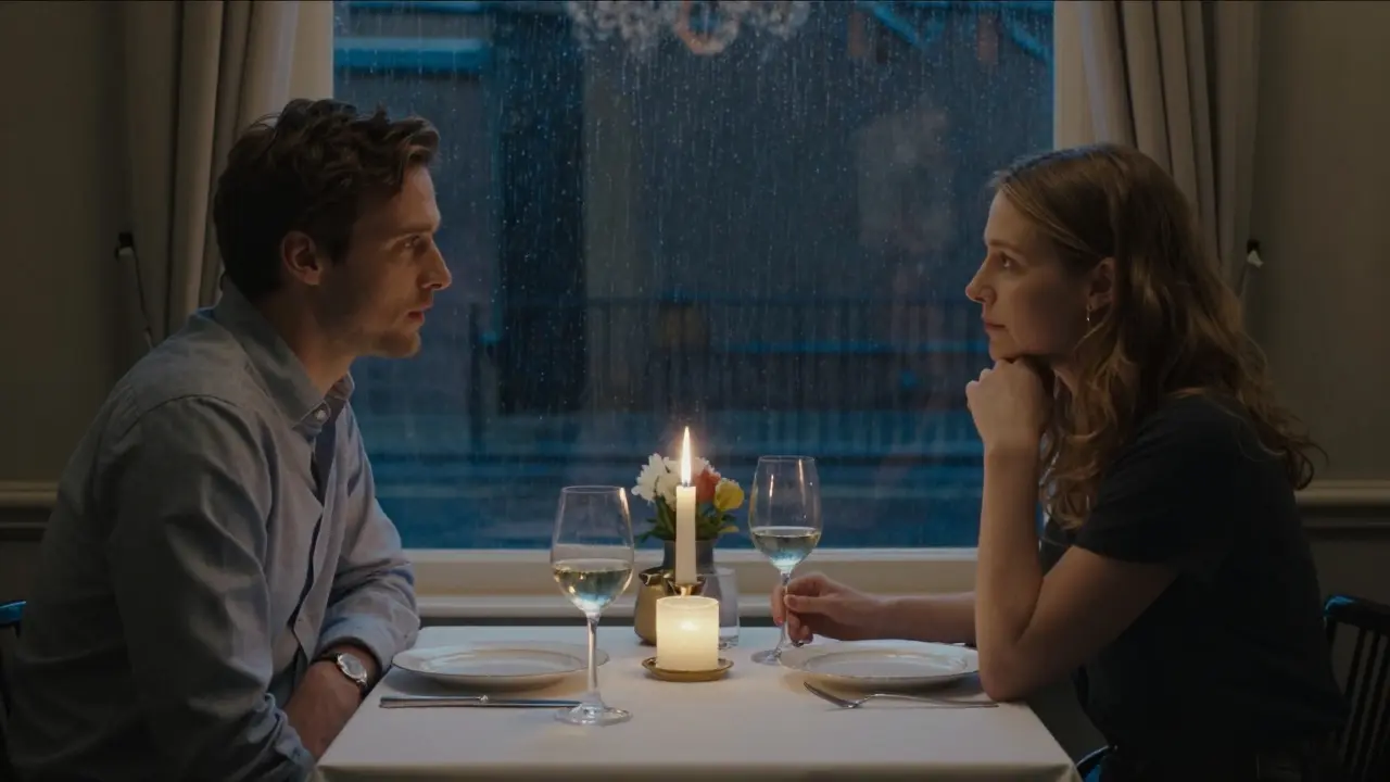 A man and woman share a quiet, intimate dinner at The Ivy in London, engaged in thoughtful conversation.