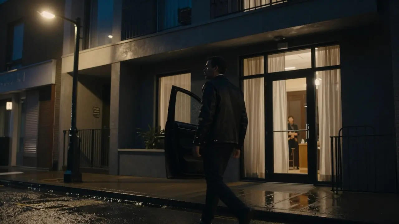 A man walking away from a luxury apartment at night, relieved, as rain falls softly around him.