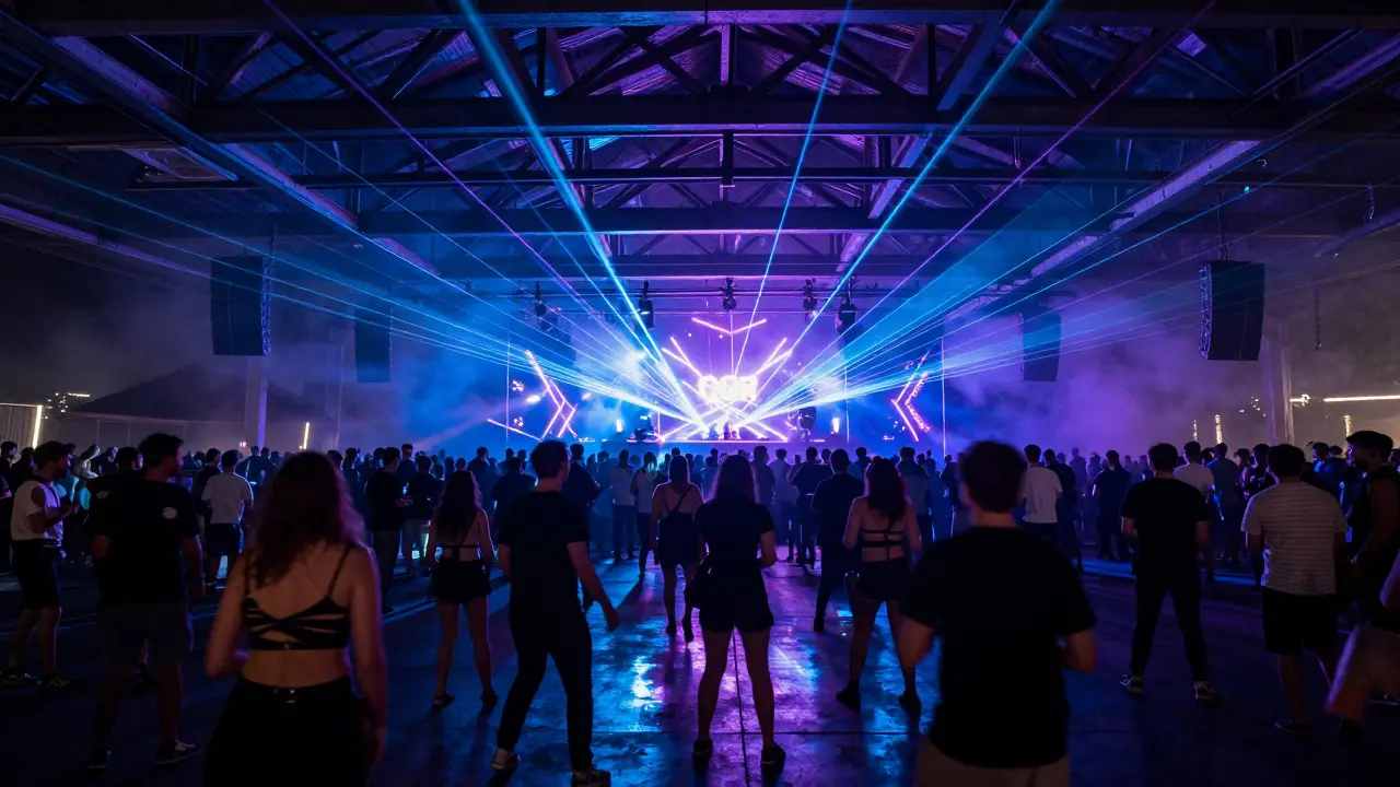 A massive industrial venue filled with dancers under neon lasers and steel beams, electric energy of a night festival.
