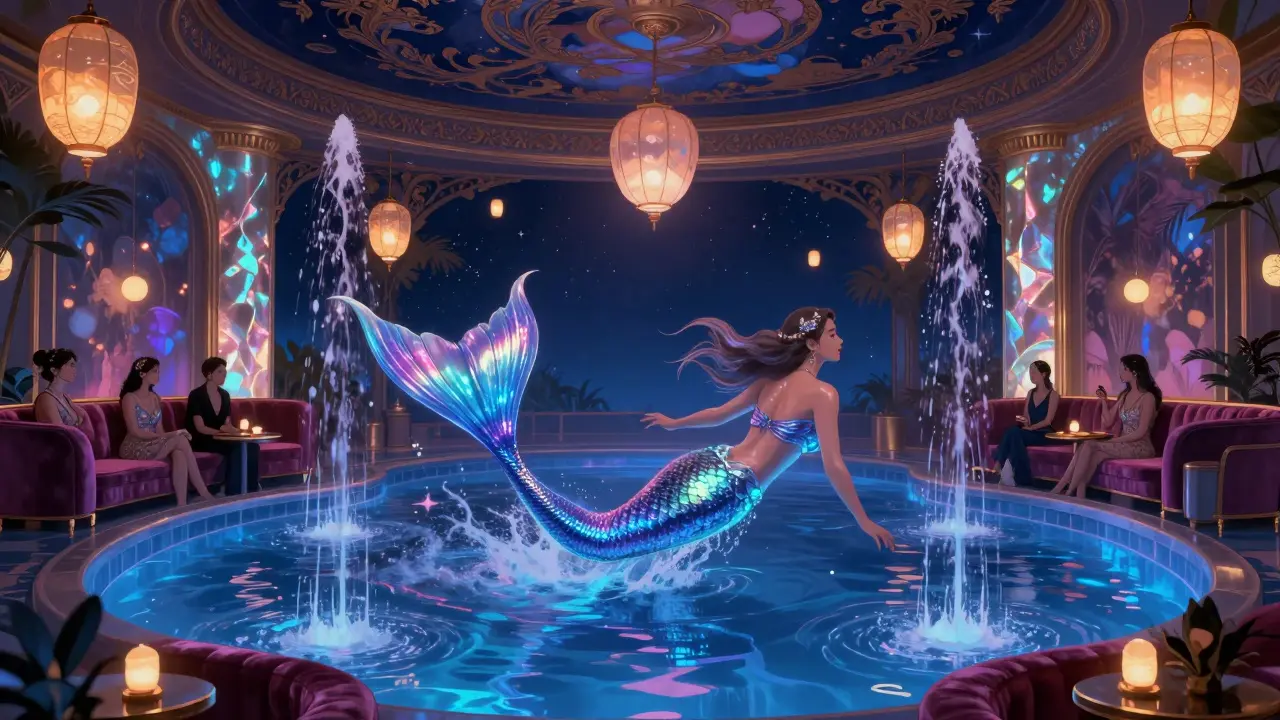 A mermaid swimming in a glowing pool under lanterns at a luxurious nightclub.