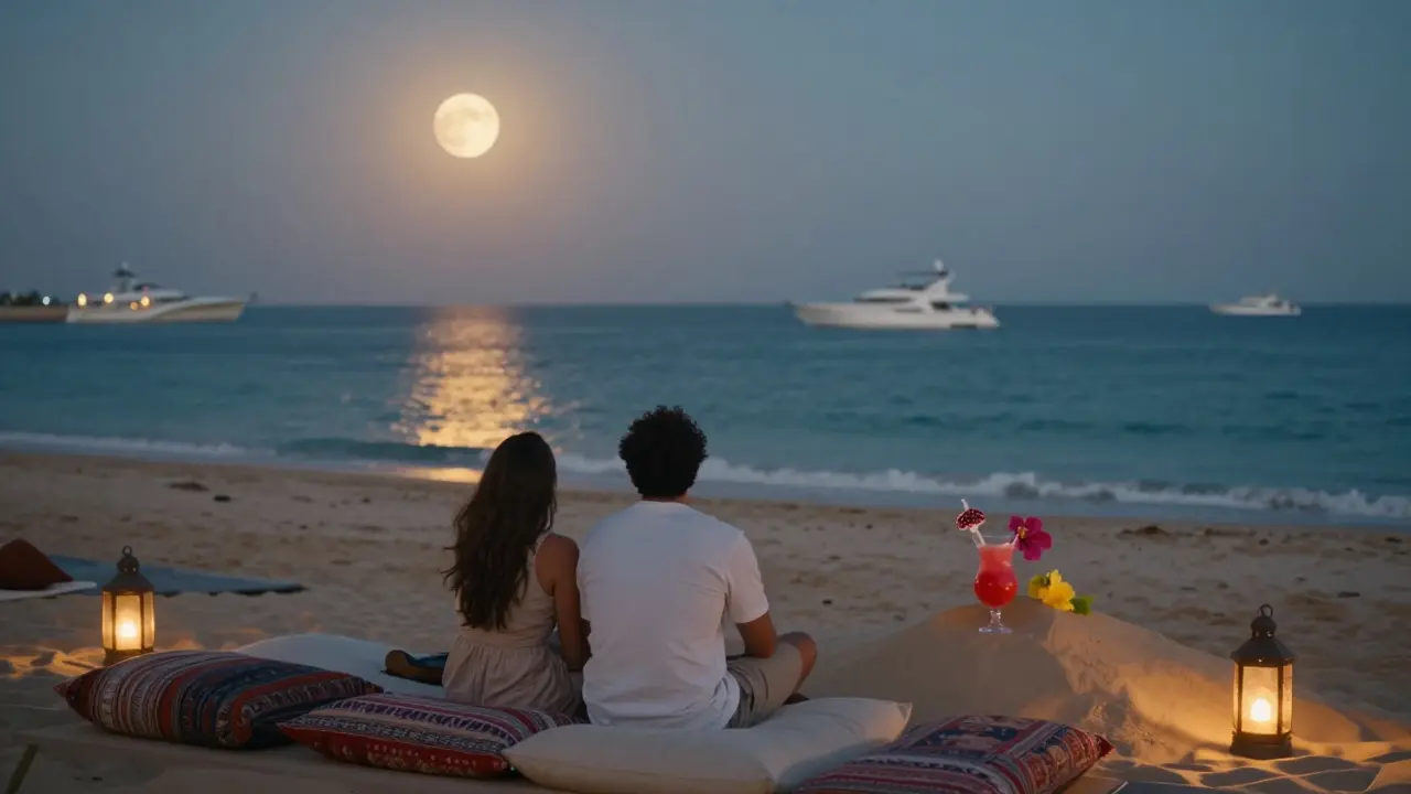 A pair relaxing on a beachfront lounge as the moon rises over the ocean, sipping a dune-shaped cocktail.