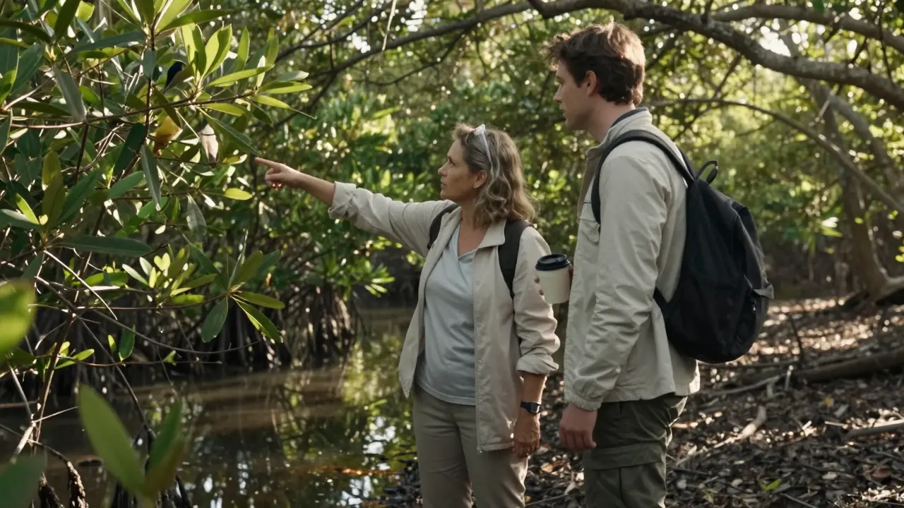 A peaceful morning walk through the Mangrove National Park, showing a local and a visitor connecting naturally.