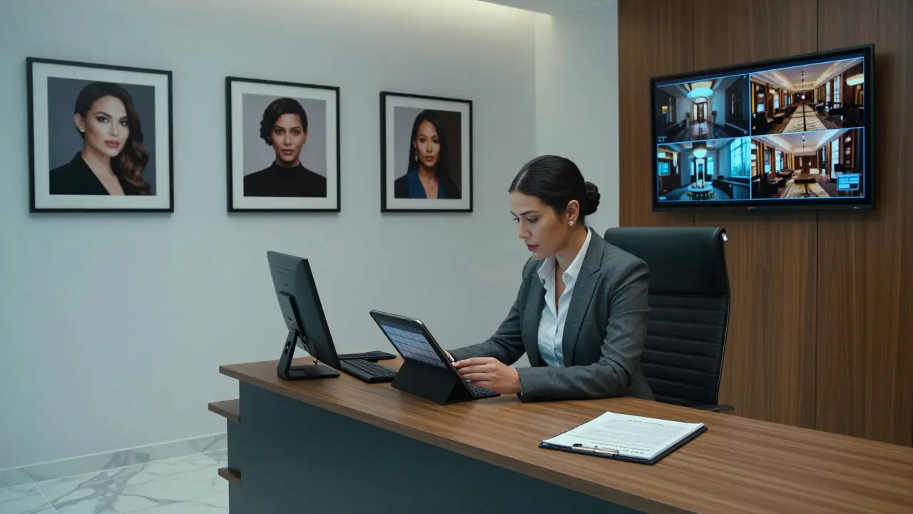 A professional agency office in Mayfair with digital profiles and security monitors.