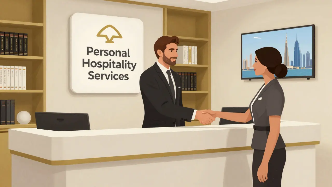 A professional concierge agency office in Dubai, featuring a formal handshake and cultural guidebooks.