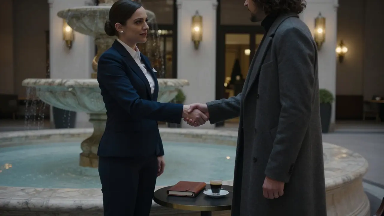 A professional escort and client shaking hands respectfully in a luxury hotel lobby, exuding discretion and elegance.