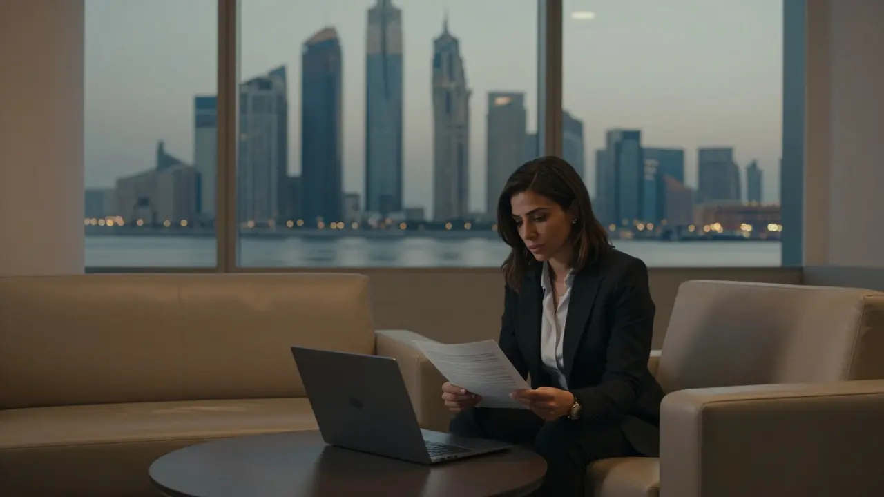 A professional woman in a modern agency office reviewing client information with discretion.