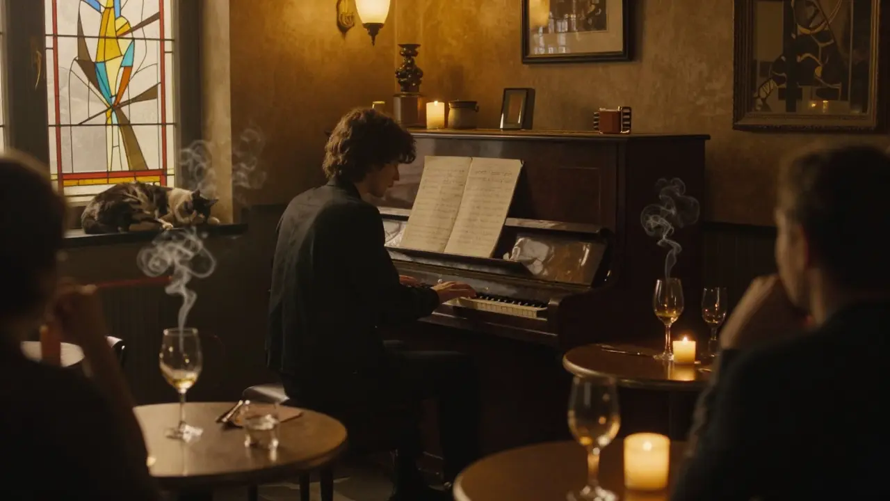 A quiet jazz bar at night with a pianist playing, patrons listening intently, warm light and a cat sleeping by the window.