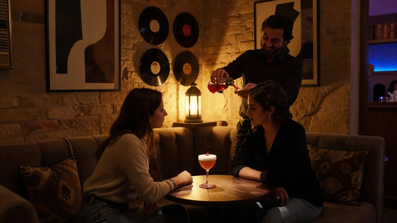 A romantic couple sharing a crafted cocktail in a dimly lit arts district lounge with warm lantern light.