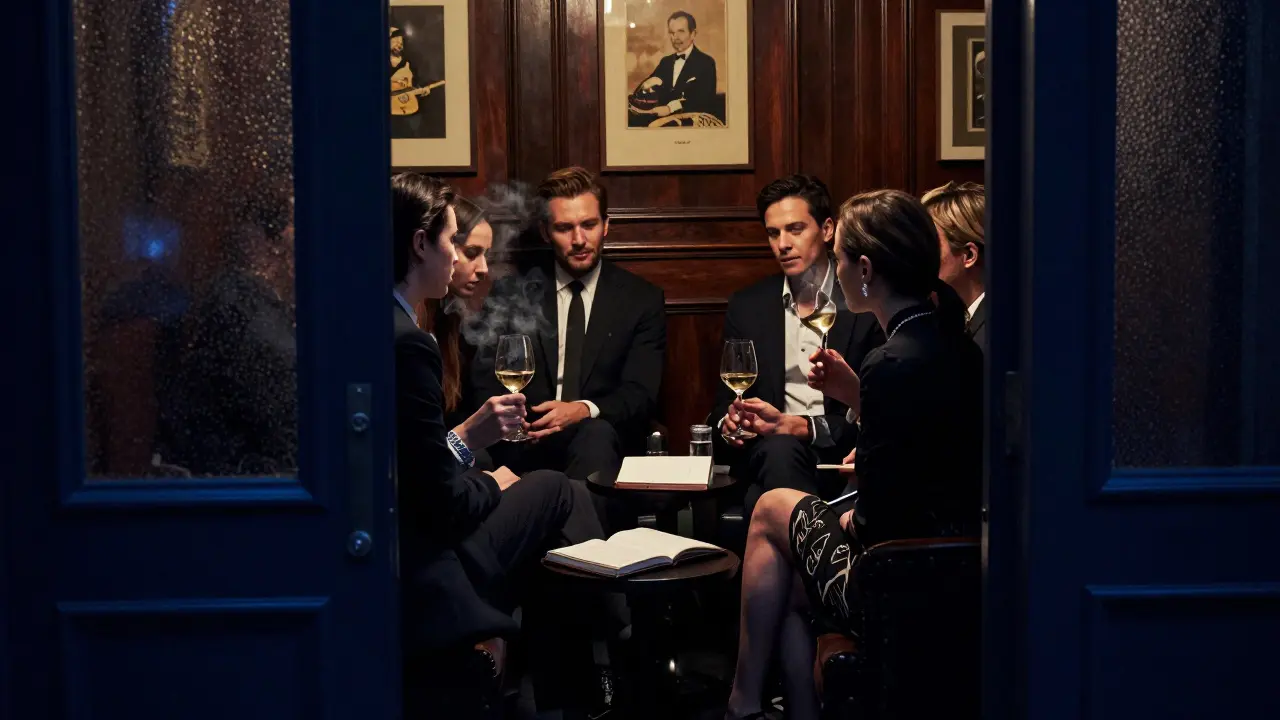 A secretive members-only lounge in Paris with well-dressed patrons in low lighting.