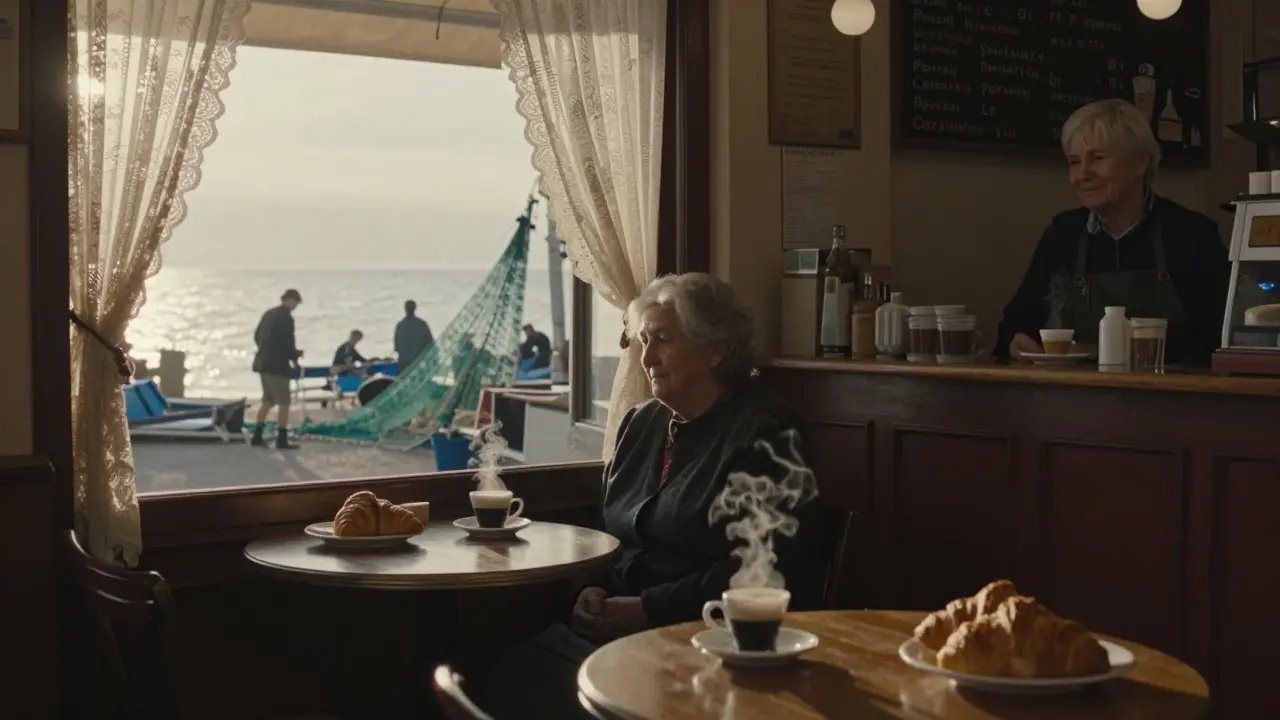 A serene 6 a.m. café with coffee, croissants, and morning light as fishermen bring in their catch.