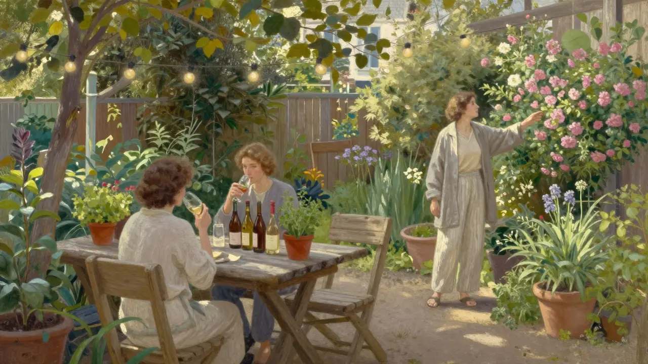 A serene community garden in Kreuzberg with people enjoying wine among upcycled furniture and flowering plants under soft afternoon light.