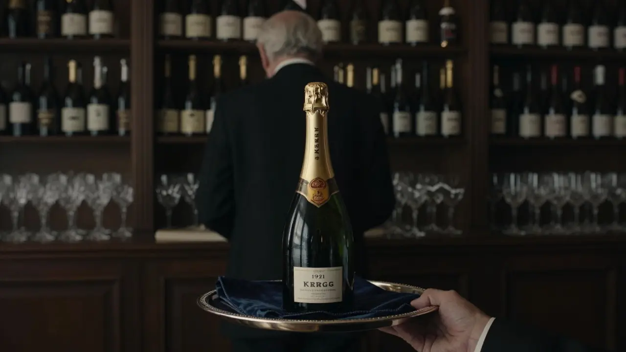 A single glass of rare champagne presented on a silver tray in a dim, elegant bar.