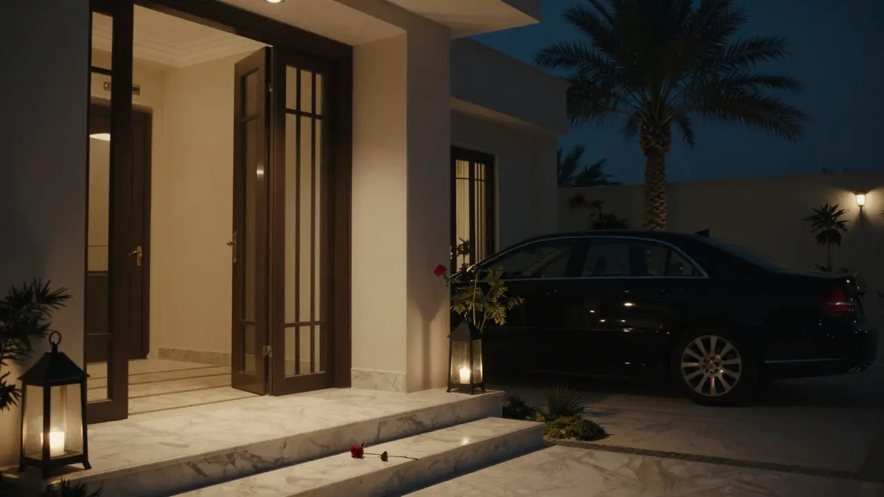 A single rose beside a luxury car at a secluded villa entrance under soft nighttime lights.