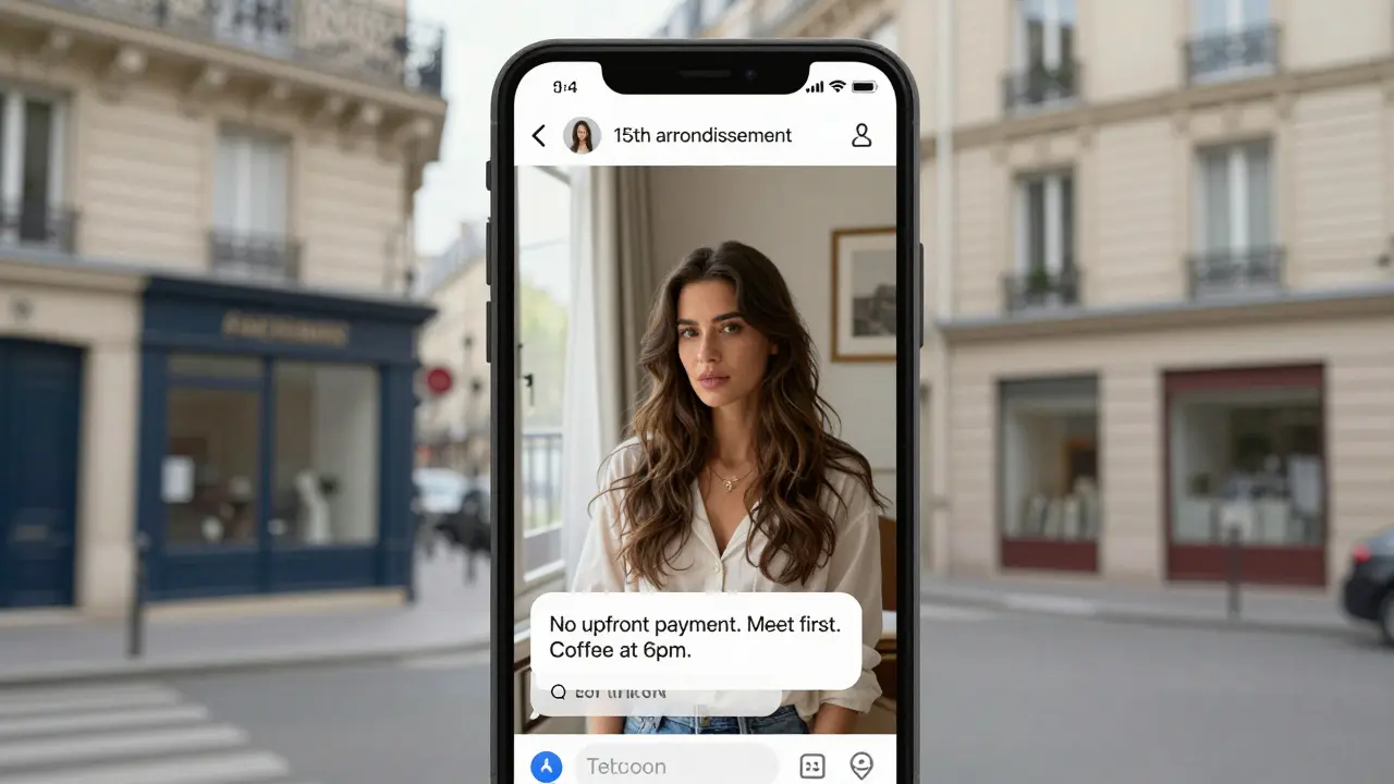 A smartphone screen showing a real escort profile with location details and no upfront payment request.