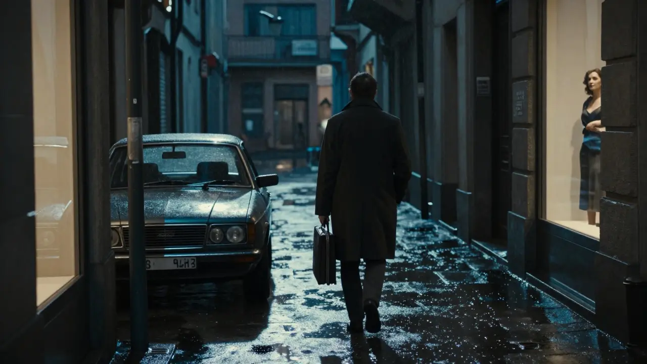 A solitary figure walking away from a car in a rainy Milan alley, with a glimpse of a woman watching from a window.