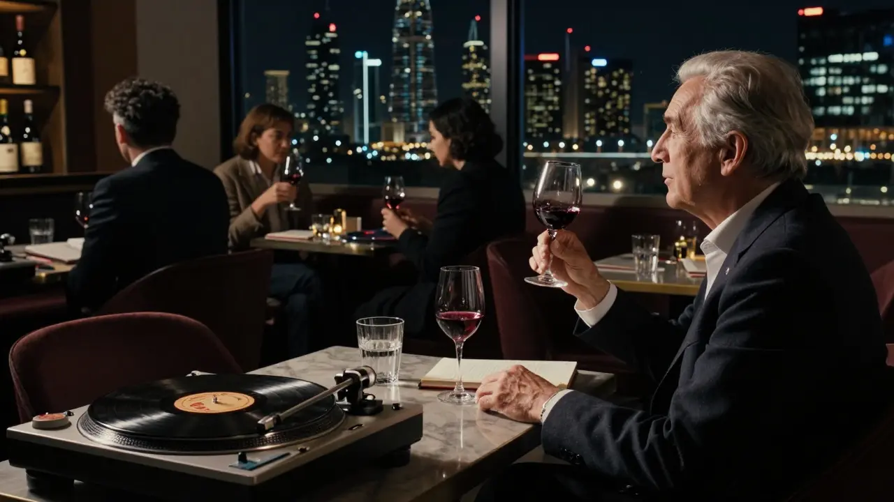 A solo visitor sips wine in a dimly lit lounge, vinyl spinning, city lights glowing outside.