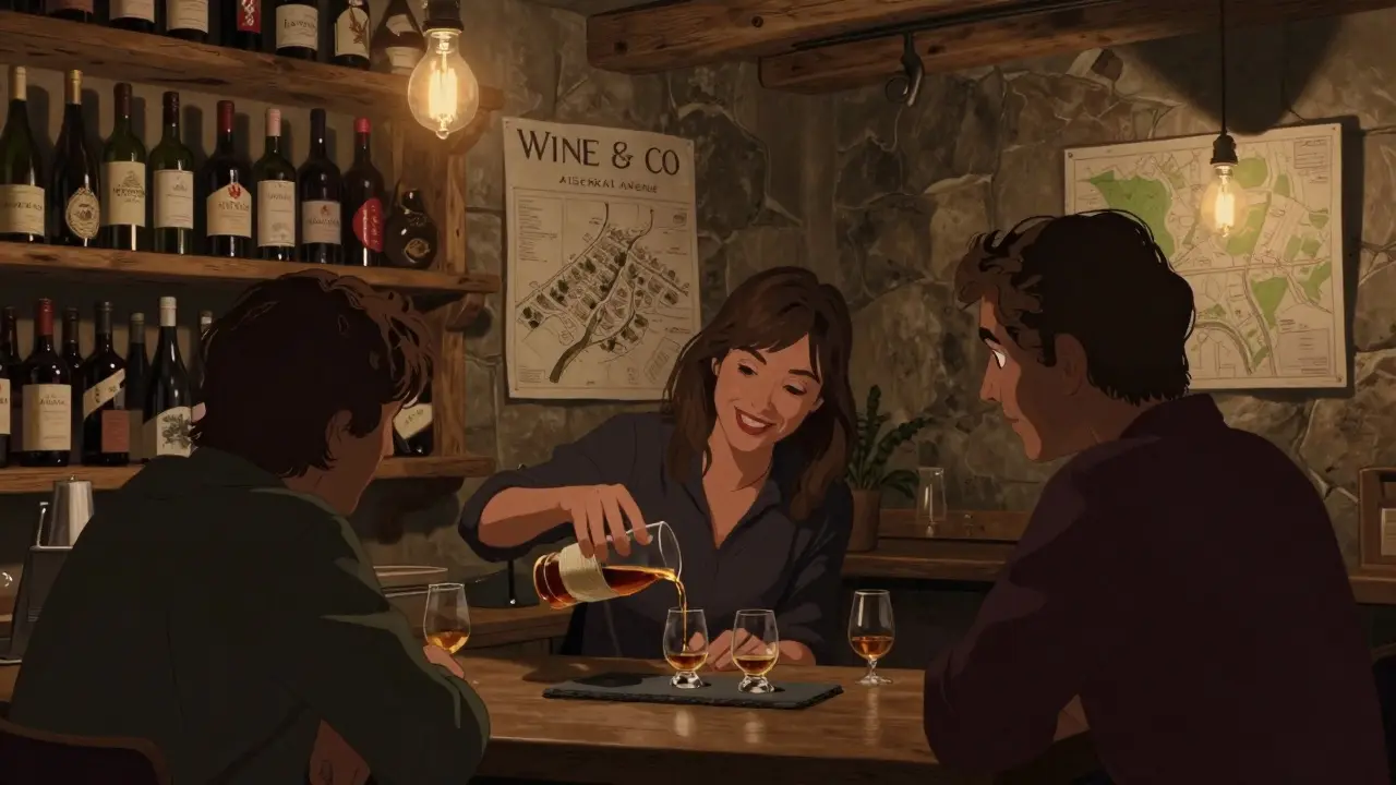 A sommelier pours small wine tastings in a cozy, bookshelf-lined cellar bar.