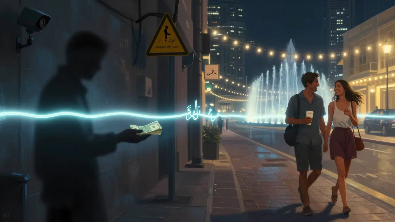 A symbolic split scene showing danger on one side and respectful companionship under Dubai's lights on the other.