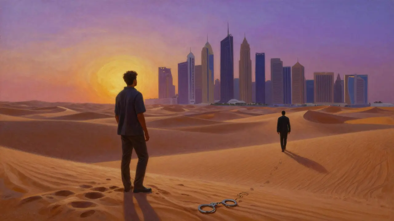 A traveler stands at the desert's edge facing Abu Dhabi's skyline as a shadowy figure walks away.