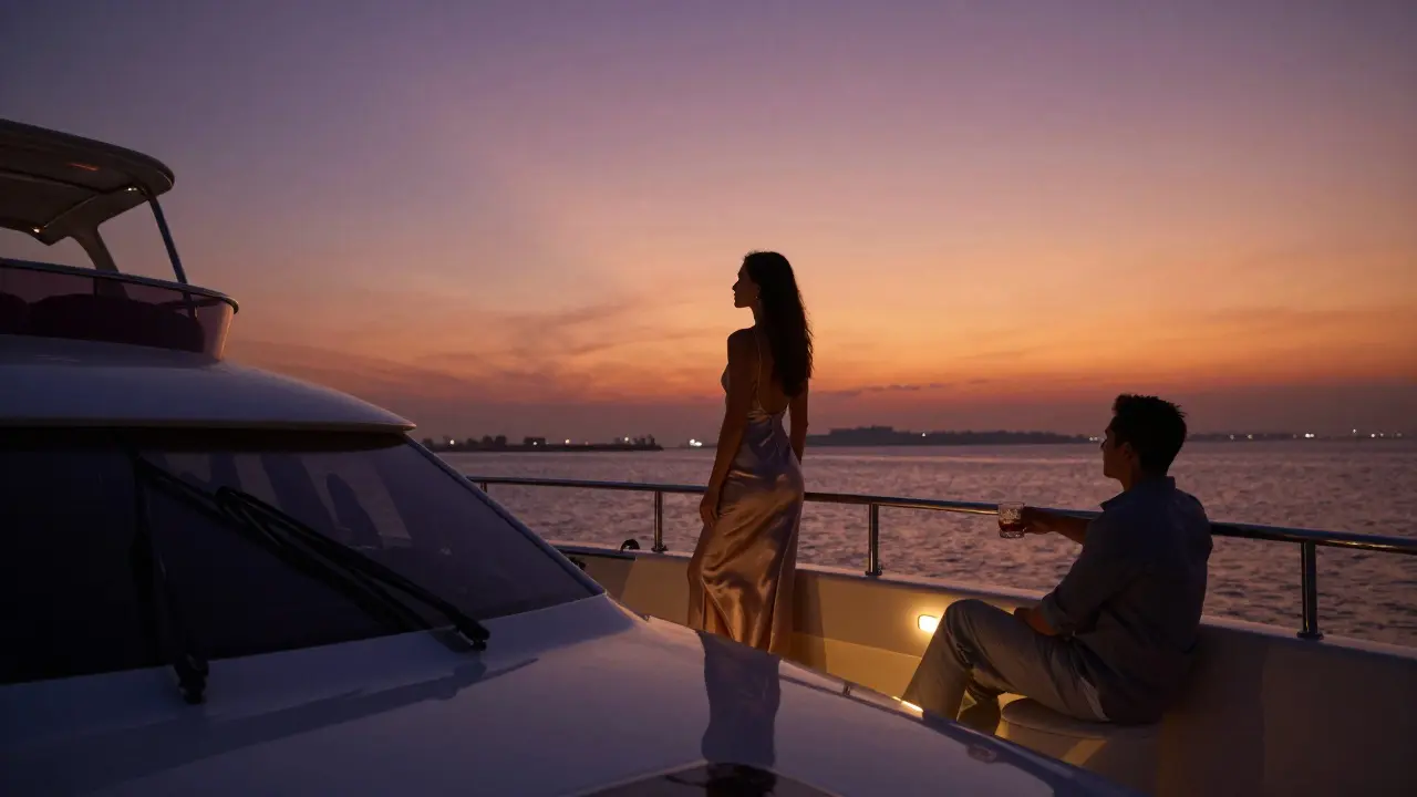 A woman stands silently on a private yacht at sunset, overlooking Abu Dhabi’s coast, elegant dress flowing gently in the breeze.