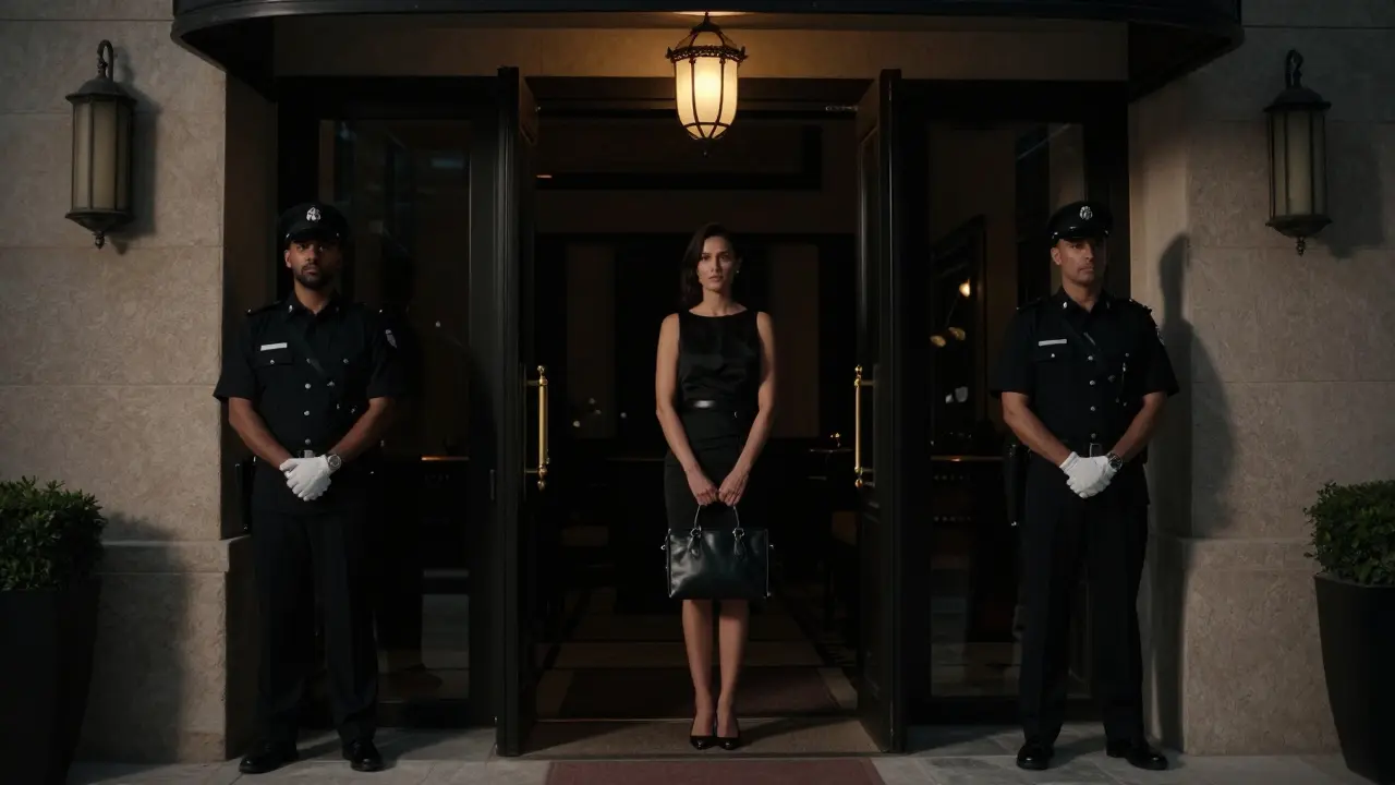 A woman waits at the entrance of a hidden upscale club, dressed in black with a leather portfolio, under lantern light with no visible signage.