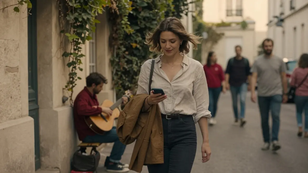 A woman walks slowly through Montmartre, fully present, ignoring the rush around her.