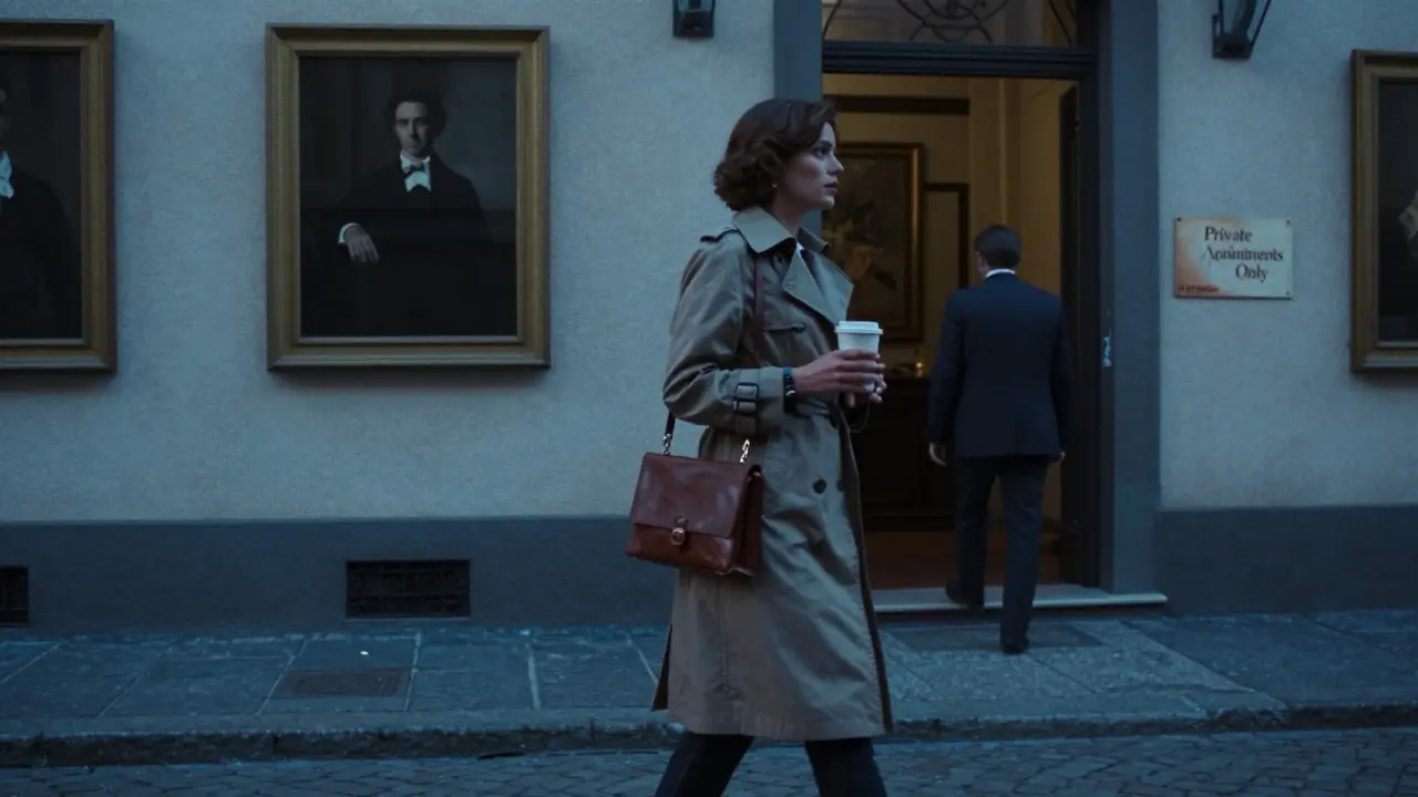 A woman walks through Milan's Brera district at dusk, exuding quiet confidence as she passes art galleries.